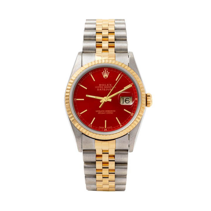 Rolex Datejust 36mm TWO TONE 16233 Red  Dial | Stick  Hour Markers | Fluted Bezel
