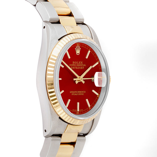 Rolex Datejust 36mm TWO TONE 16233 Red  Dial | Stick  Hour Markers | Fluted Bezel