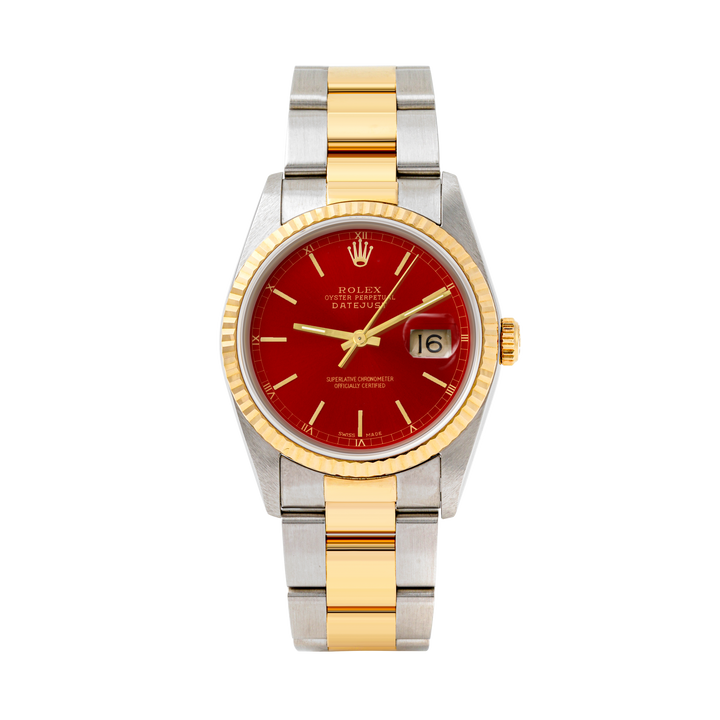Rolex Datejust 36mm TWO TONE 16233 Red  Dial | Stick  Hour Markers | Fluted Bezel