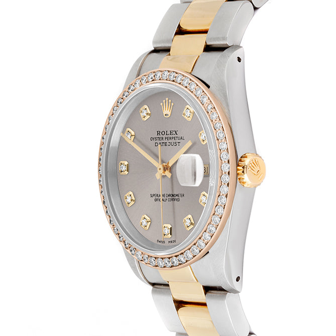 Rolex Datejust 36mm TWO TONE 16233 Slate Dial |  Diamond Hour Markers | 1ct Diamond Bezel