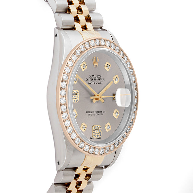 Rolex Datejust 36mm TWO TONE 16233 Slate  Dial |  6&9 Diamond  Hour Markers | 2ct Diamond Bezel