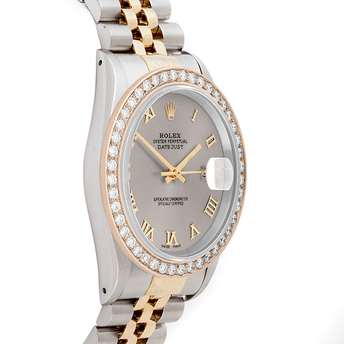 Rolex Datejust 36mm TWO TONE 16233  Slate  Dial | Roman Hour Markers | 2ct Diamond Bezel
