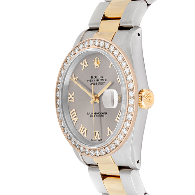 Rolex Datejust 36mm TWO TONE 16233  Slate  Dial | Roman Hour Markers | 2ct Diamond Bezel