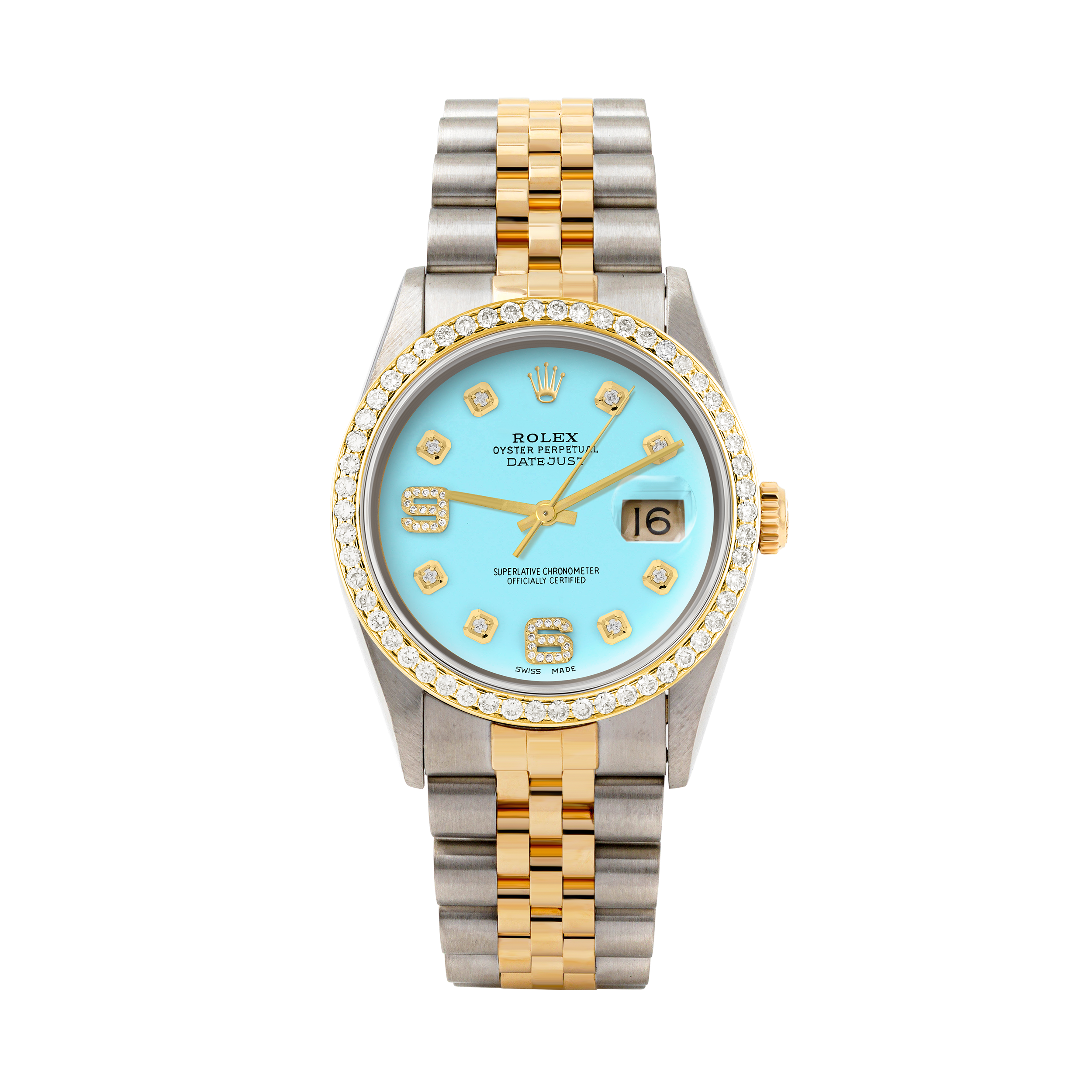 Rolex Datejust 36mm TWO TONE 16233 Tiffany Blue Dial |  6&9 Diamond  Hour Markers | 1ct Diamond Bezel