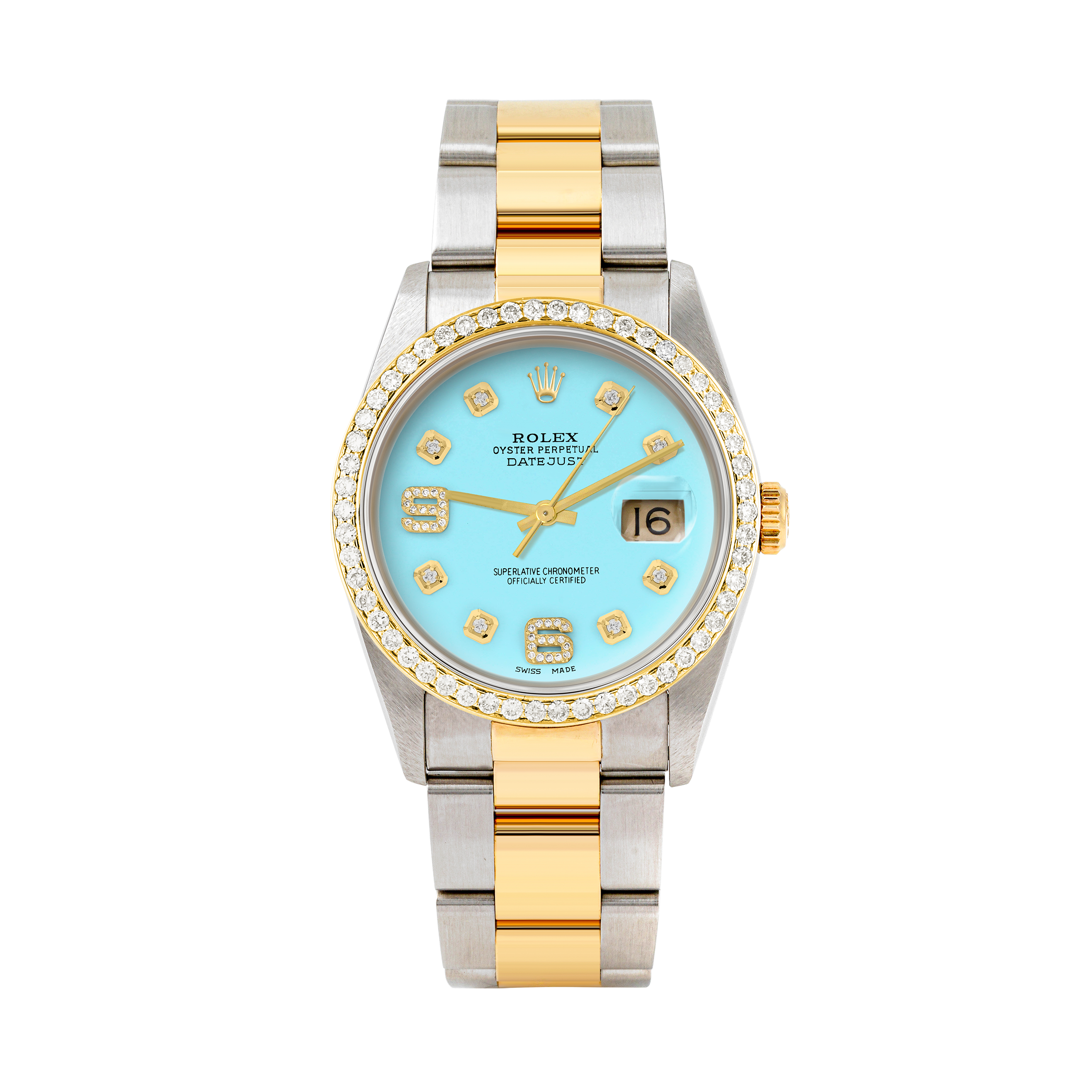 Rolex Datejust 36mm TWO TONE 16233 Tiffany Blue Dial |  6&9 Diamond  Hour Markers | 1ct Diamond Bezel