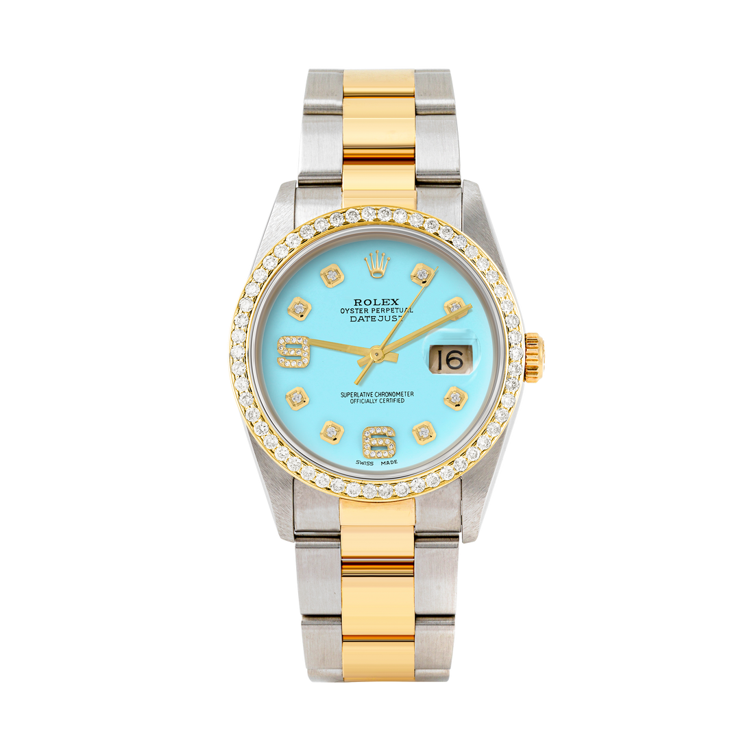 Rolex Datejust 36mm TWO TONE 16233 Tiffany Blue Dial |  6&9 Diamond  Hour Markers | 1ct Diamond Bezel