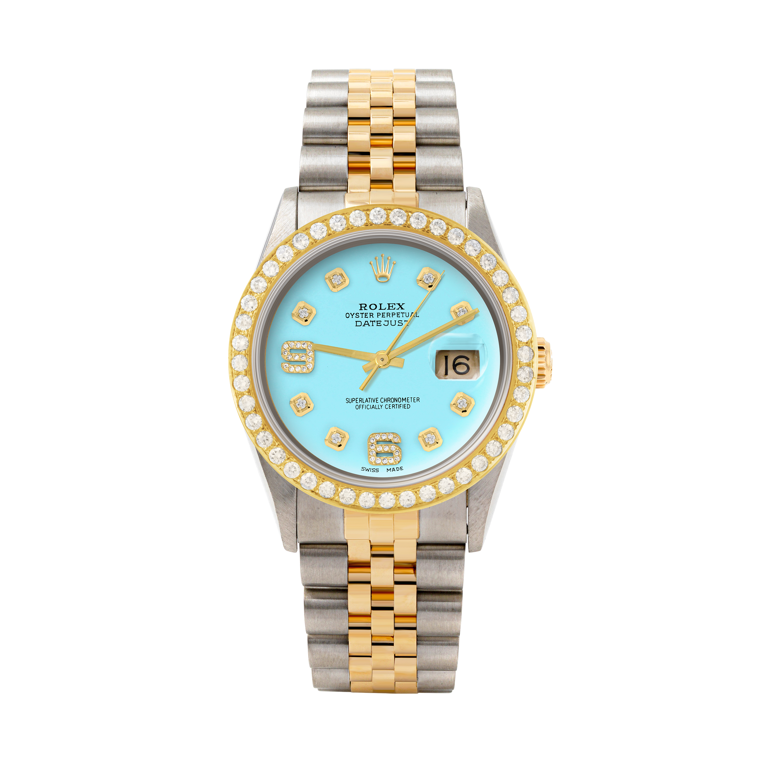 Rolex Datejust 36mm TWO TONE 16233 Tiffany Blue  Dial |  6&9 Diamond  Hour Markers | 2ct Diamond Bezel