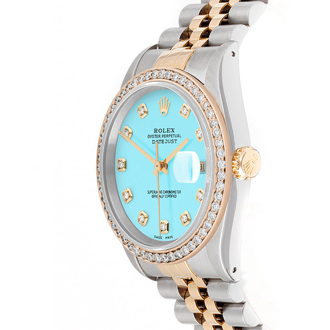 Rolex Datejust 36mm TWO TONE 16233 Tiffany Blue Dial |  Diamond Hour Markers | 1ct Diamond Bezel
