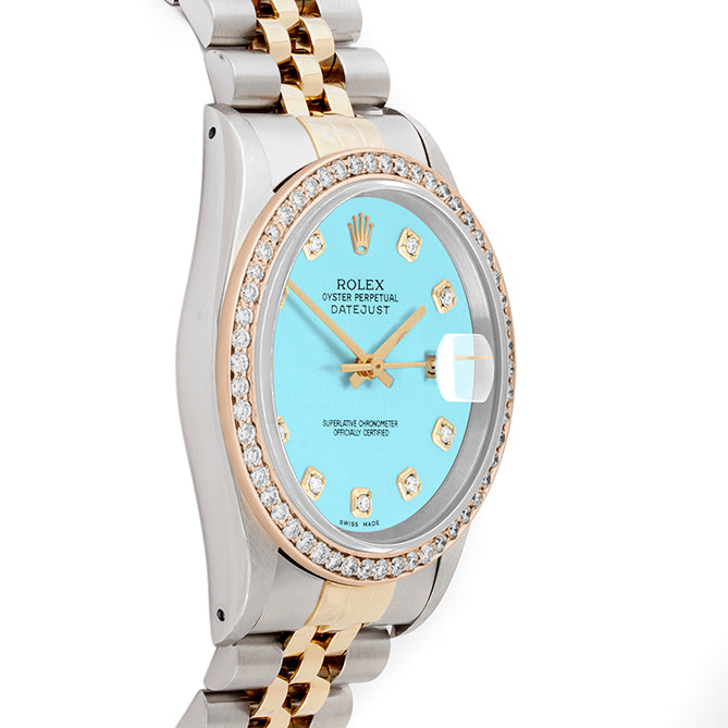 Rolex Datejust 36mm TWO TONE 16233 Tiffany Blue Dial |  Diamond Hour Markers | 1ct Diamond Bezel