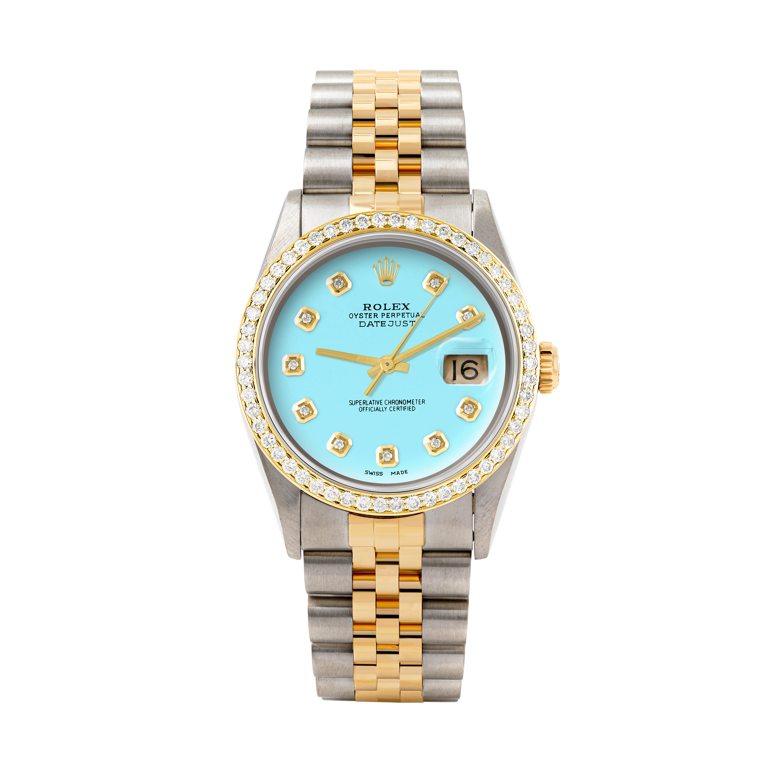 Rolex Datejust 36mm TWO TONE 16233 Tiffany Blue Dial |  Diamond Hour Markers | 1ct Diamond Bezel