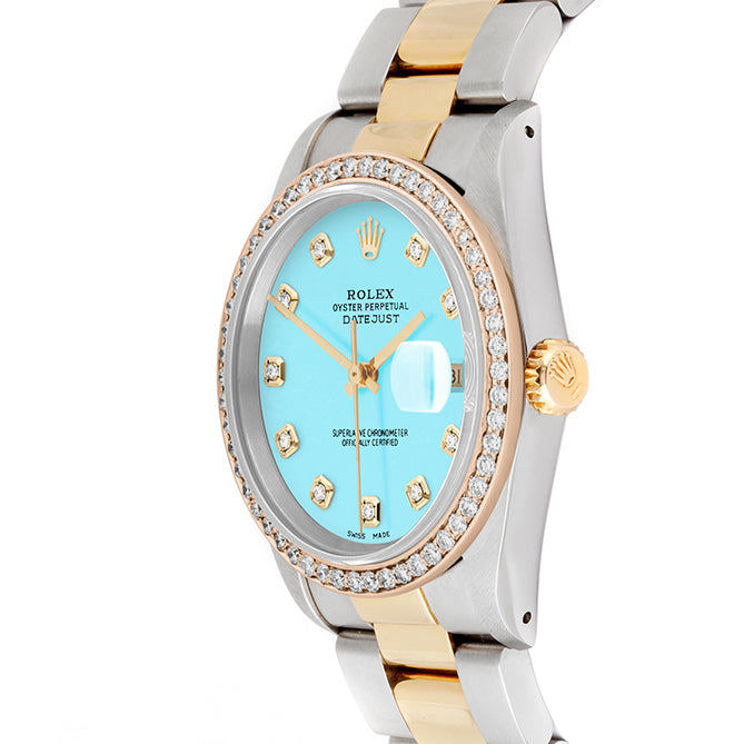 Rolex Datejust 36mm TWO TONE 16233 Tiffany Blue Dial |  Diamond Hour Markers | 1ct Diamond Bezel