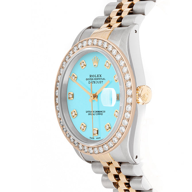 Rolex Datejust 36mm TWO TONE 16233 Tiffany Blue  Dial | Diamond Hour Markers | 2ct Diamond Bezel