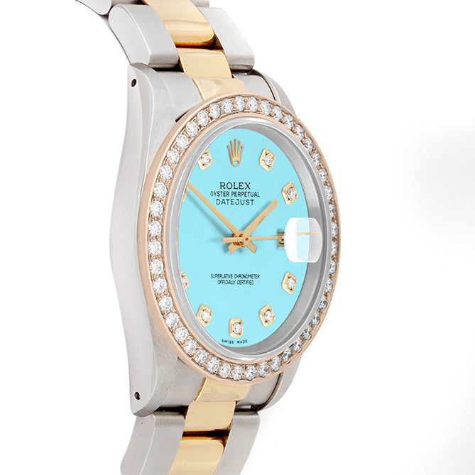Rolex Datejust 36mm TWO TONE 16233 Tiffany Blue  Dial | Diamond Hour Markers | 2ct Diamond Bezel