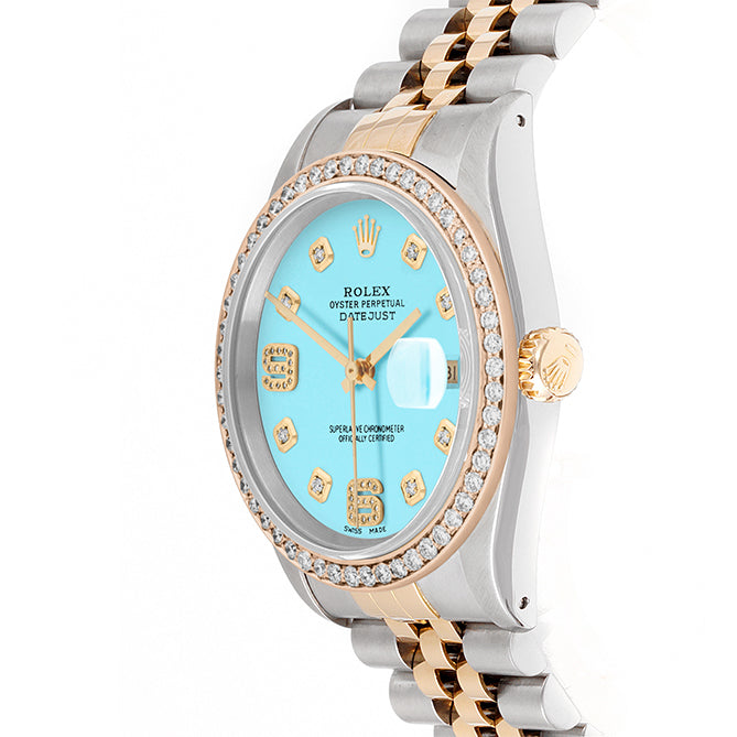 Rolex Datejust 36mm TWO TONE 16233 Tiffany Blue Dial |  6&9 Diamond  Hour Markers | 1ct Diamond Bezel