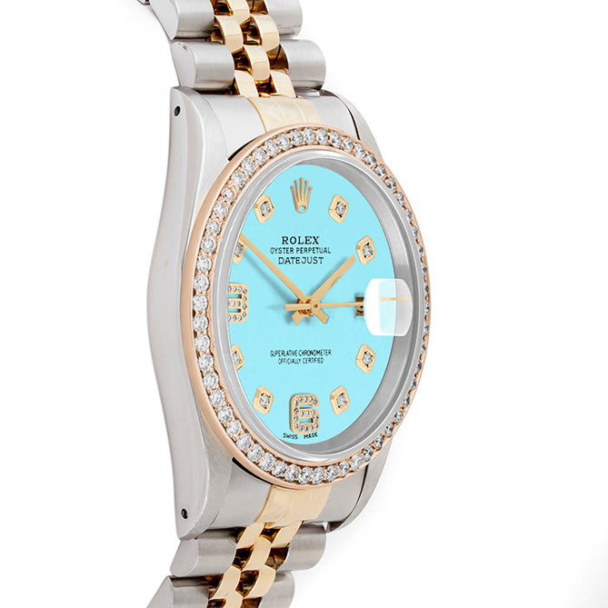 Rolex Datejust 36mm TWO TONE 16233 Tiffany Blue Dial |  6&9 Diamond  Hour Markers | 1ct Diamond Bezel
