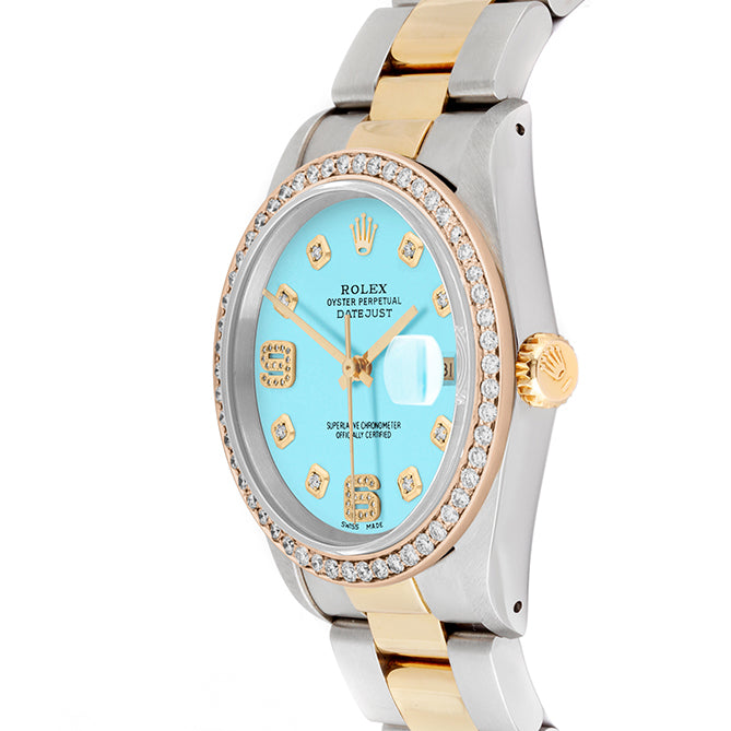 Rolex Datejust 36mm TWO TONE 16233 Tiffany Blue Dial | Stick Hour Markers | 1ct Diamond Bezel
