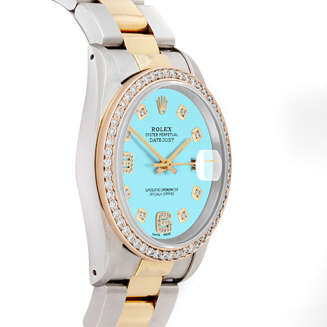 Rolex Datejust 36mm TWO TONE 16233 Tiffany Blue Dial |  6&9 Diamond  Hour Markers | 1ct Diamond Bezel