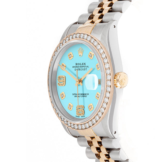 Rolex Datejust 36mm TWO TONE 16233 Tiffany Blue Dial | 6&9 Diamond Hour Markers | 1.8ct Diamond Bezel