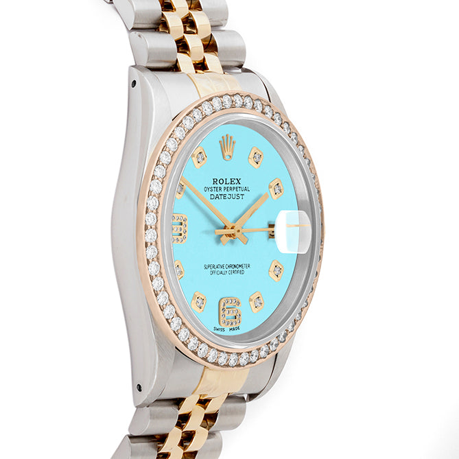 Rolex Datejust 36mm TWO TONE 16233 Tiffany Blue Dial | 6&9 Diamond Hour Markers | 1.8ct Diamond Bezel