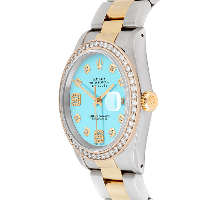 Rolex Datejust 36mm TWO TONE 16233 Tiffany Blue Dial | 6&9 Diamond Hour Markers | 1.8ct Diamond Bezel