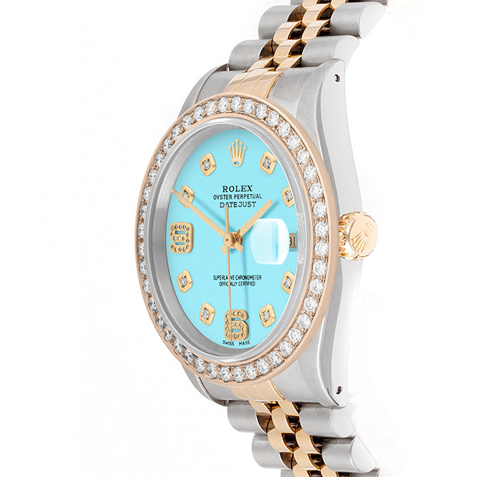 Rolex Datejust 36mm TWO TONE 16233 Tiffany Blue  Dial |  6&9 Diamond  Hour Markers | 2ct Diamond Bezel