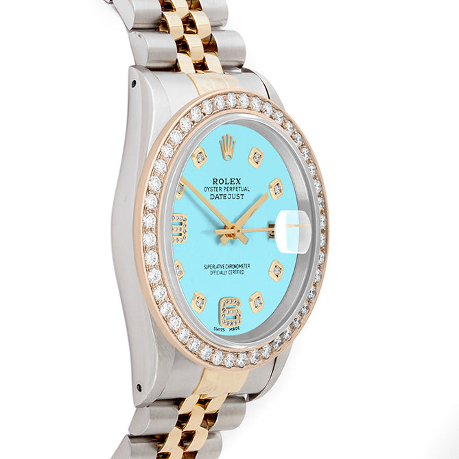 Rolex Datejust 36mm TWO TONE 16233 Tiffany Blue  Dial |  6&9 Diamond  Hour Markers | 2ct Diamond Bezel