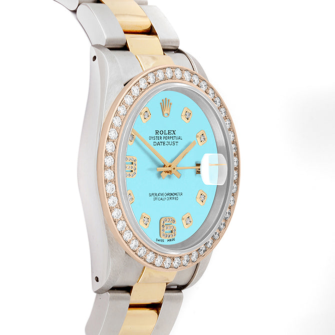 Rolex Datejust 36mm TWO TONE 16233 Tiffany Blue  Dial |  6&9 Diamond  Hour Markers | 2ct Diamond Bezel