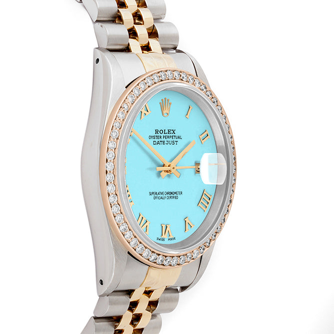 Rolex Datejust 36mm TWO TONE 16233 Tiffany Blue  Dial | Roman Hour Markers | 1ct Diamond Bezel