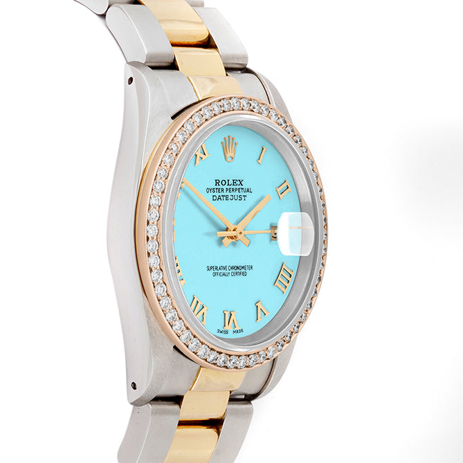 Rolex Datejust 36mm TWO TONE 16233 Tiffany Blue  Dial | Roman Hour Markers | 1ct Diamond Bezel