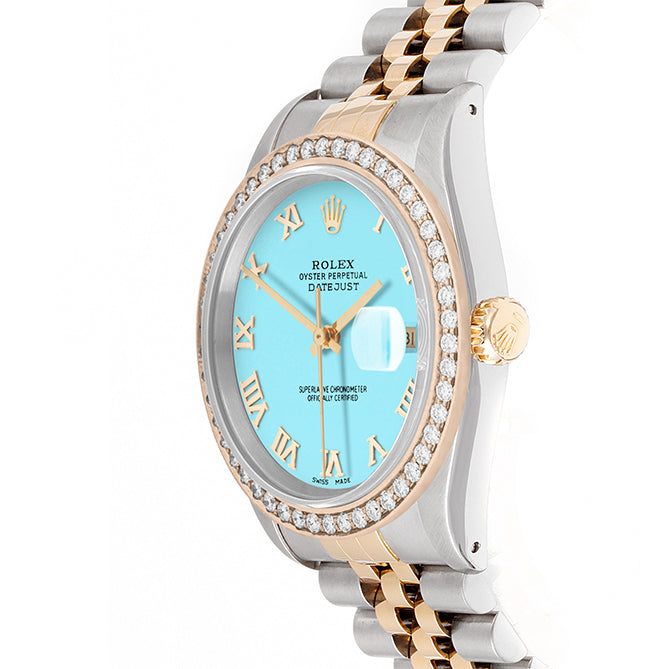 Rolex Datejust 36mm TWO TONE 16233 Tiffany Blue Dial | Roman Hour Markers | 1.8ct Diamond Bezel