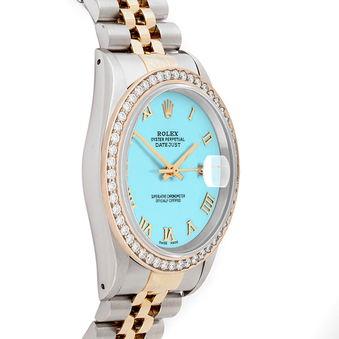 Rolex Datejust 36mm TWO TONE 16233 Tiffany Blue Dial | Roman Hour Markers | 1.8ct Diamond Bezel
