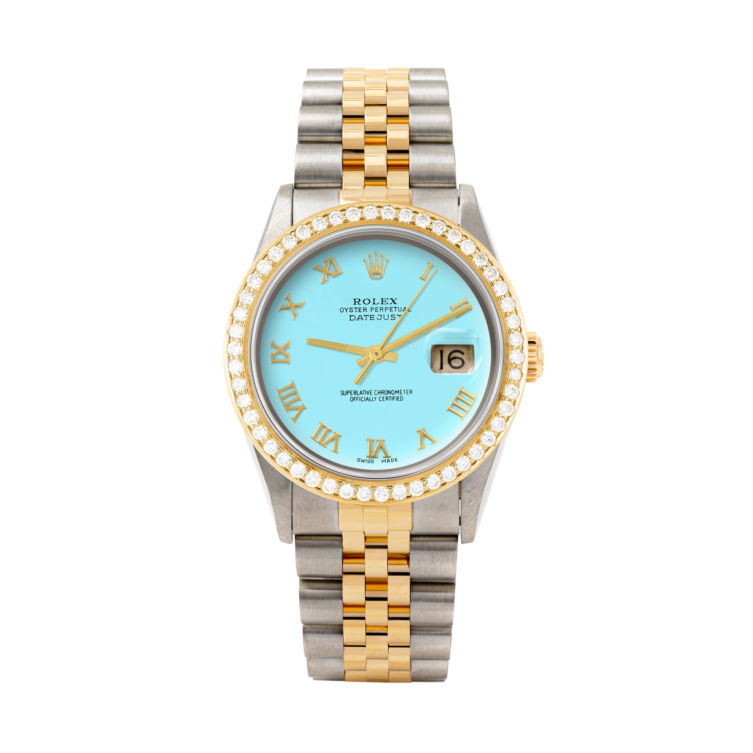 Rolex Datejust 36mm TWO TONE 16233 Tiffany Blue Dial | Roman Hour Markers | 1.8ct Diamond Bezel