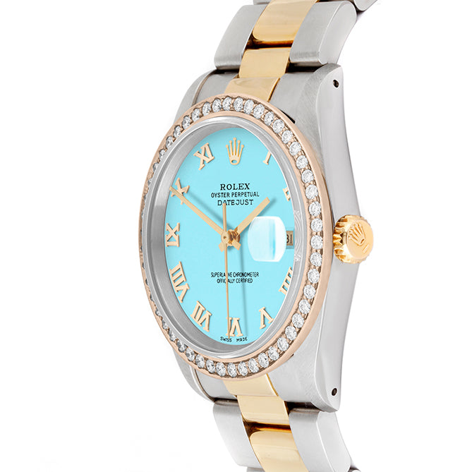 Rolex Datejust 36mm TWO TONE 16233 Tiffany Blue Dial | Roman Hour Markers | 1.8ct Diamond Bezel