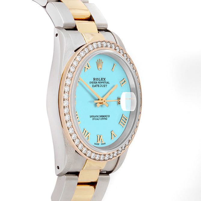 Rolex Datejust 36mm TWO TONE 16233 Tiffany Blue Dial | Roman Hour Markers | 1.8ct Diamond Bezel