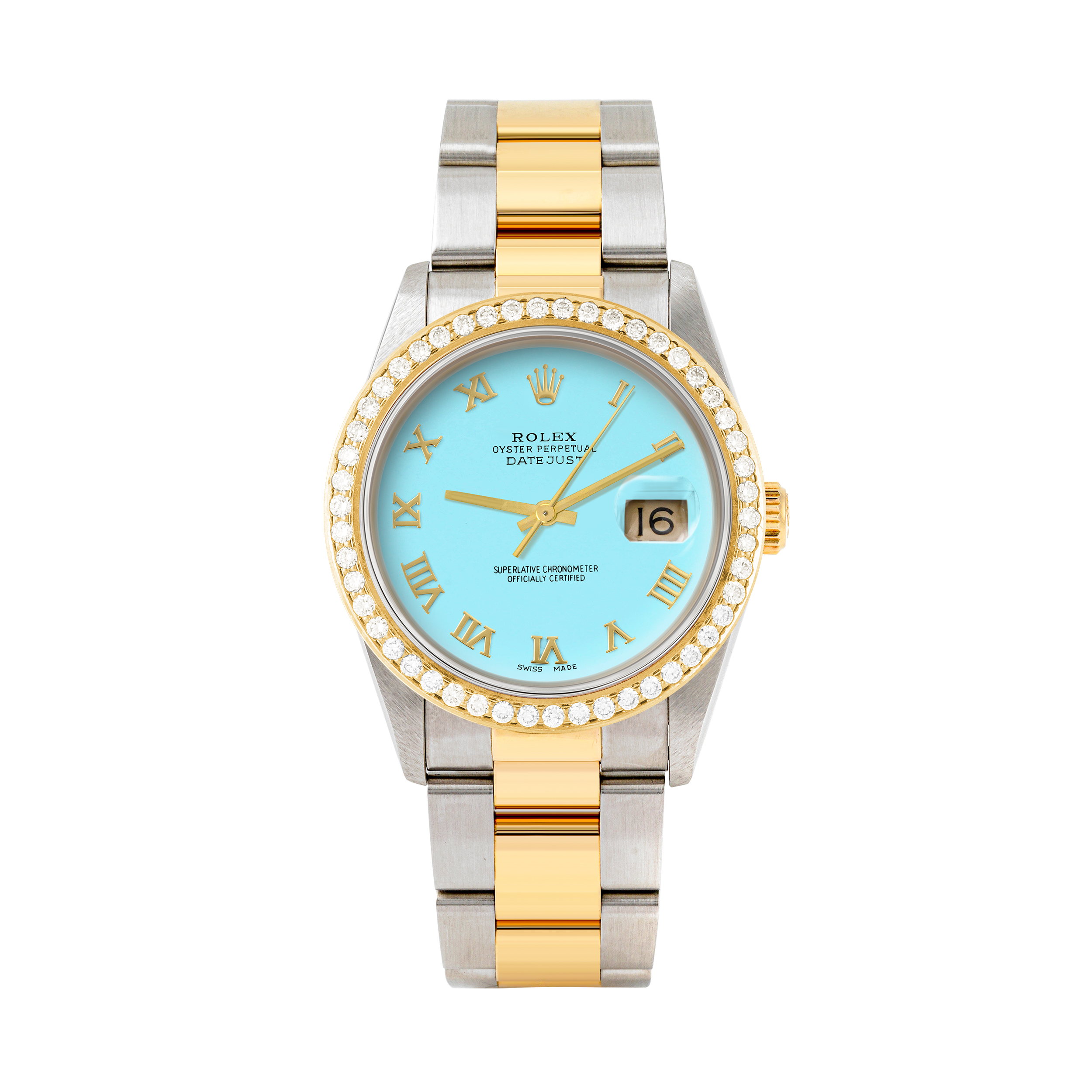 Rolex Datejust 36mm TWO TONE 16233 Tiffany Blue Dial | Roman Hour Markers | 1.8ct Diamond Bezel