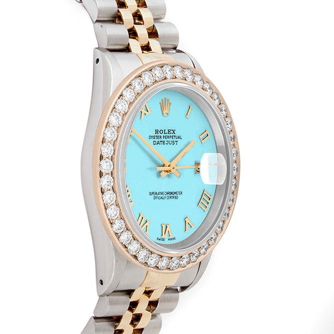Rolex Datejust 36mm TWO TONE 16233  Tiffany Blue  Dial | Roman Hour Markers | 2.5ct Diamond Bezel