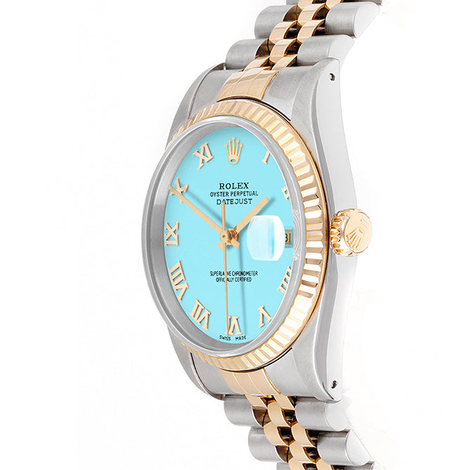 Rolex Datejust 36mm TWO TONE 16233 Tiffany Blue Dial | Roman Hour Markers | Fluted Bezel