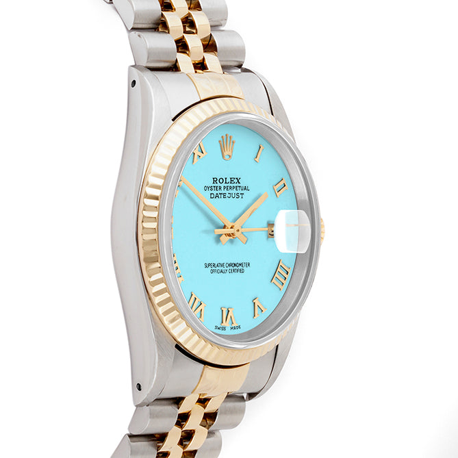 Rolex Datejust 36mm TWO TONE 16233 Tiffany Blue Dial | Roman Hour Markers | Fluted Bezel