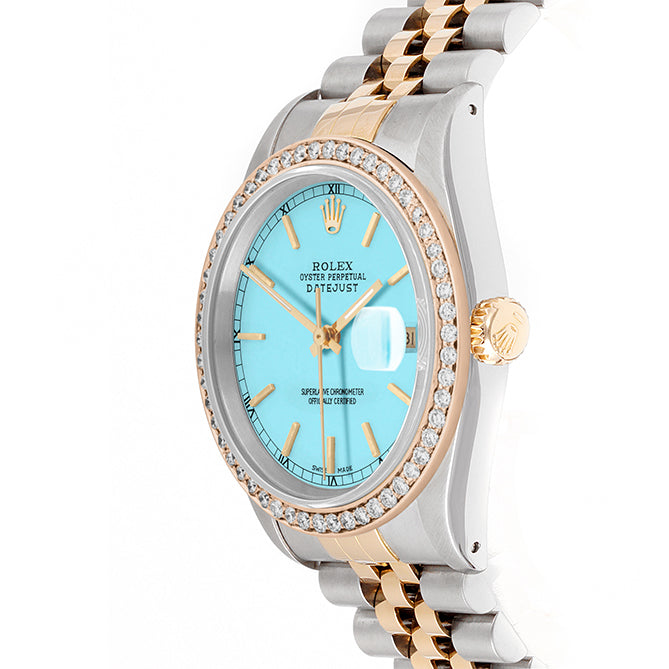 Rolex Datejust 36mm TWO TONE 16233 Tiffany Blue Dial |  Stick Hour Markers | 1ct Diamond Bezel