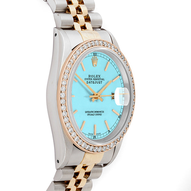 Rolex Datejust 36mm TWO TONE 16233 Tiffany Blue Dial | Stick Hour Markers | 1ct Diamond Bezel