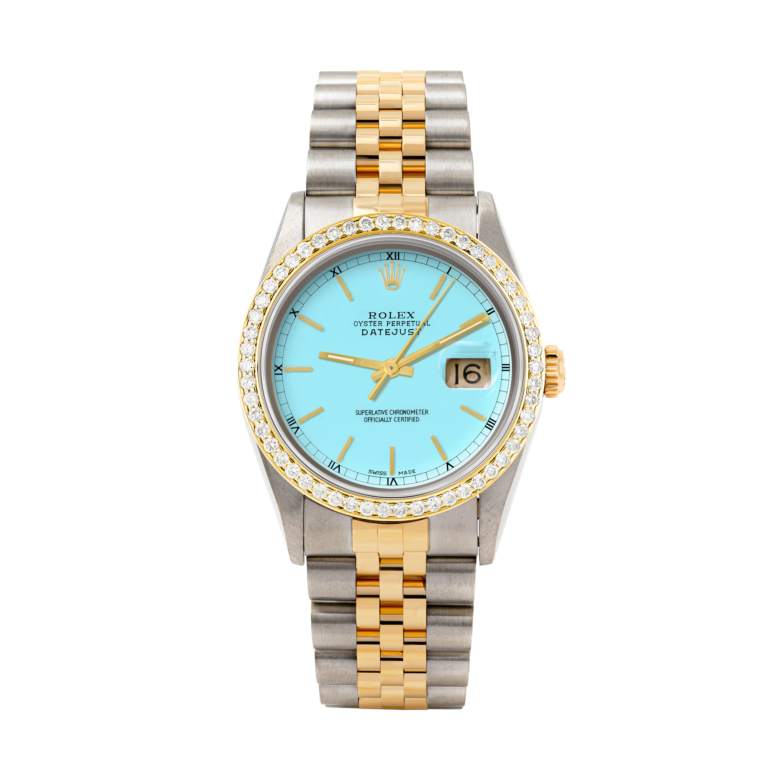 Rolex Datejust 36mm TWO TONE 16233 Tiffany Blue Dial | Stick Hour Markers | 1ct Diamond Bezel