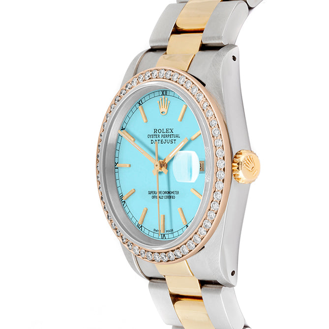 Rolex Datejust 36mm TWO TONE 16233 Tiffany Blue Dial |  Stick Hour Markers | 1ct Diamond Bezel