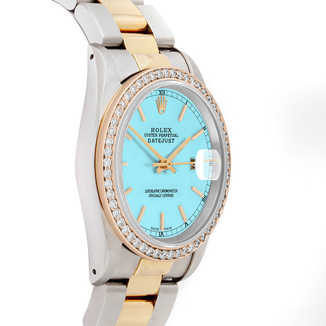 Rolex Datejust 36mm TWO TONE 16233 Tiffany Blue Dial | Stick Hour Markers | 1ct Diamond Bezel