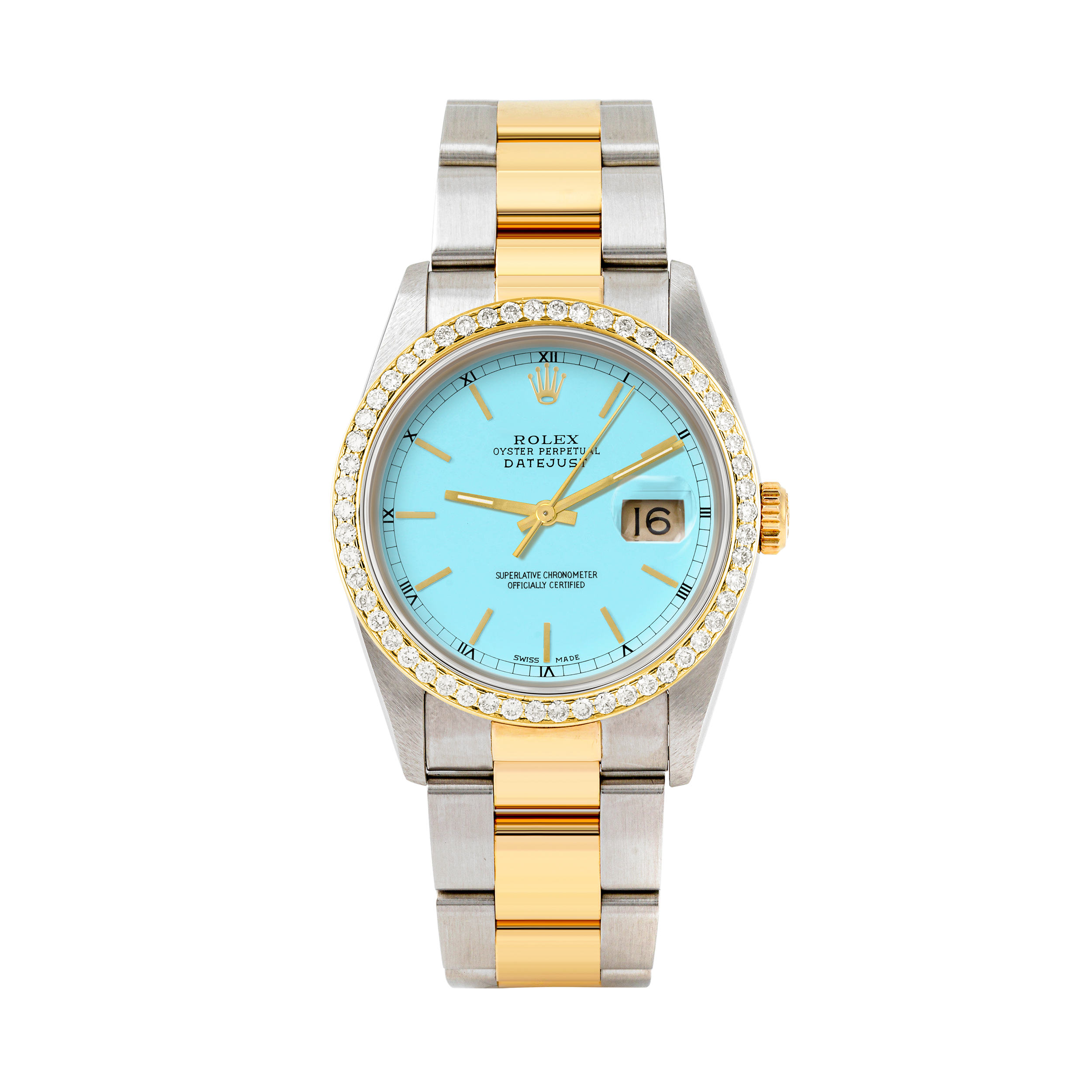 Rolex Datejust 36mm TWO TONE 16233 Tiffany Blue Dial |  Stick Hour Markers | 1ct Diamond Bezel