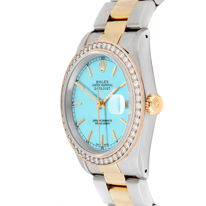 Rolex Datejust 36mm TWO TONE 16233 Tiffany Blue Dial | Stick Hour Markers | 1.8ct Diamond Bezel