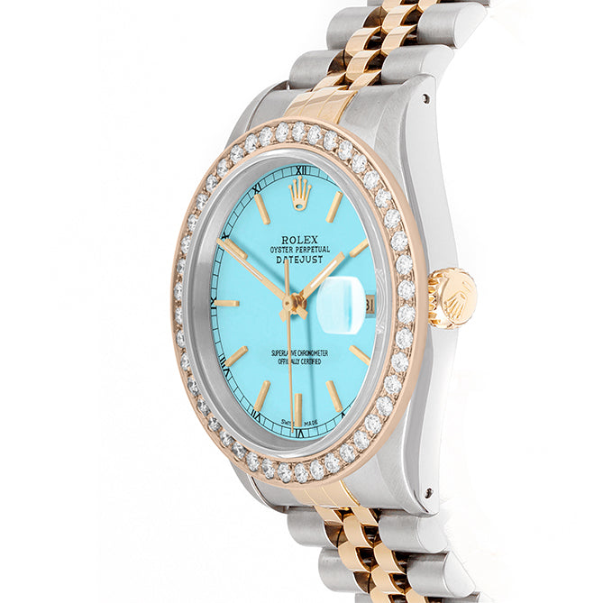 Rolex Datejust 36mm TWO TONE 16233 Tiffany Blue Dial | Stick Hour Markers | 2ct Diamond Bezel