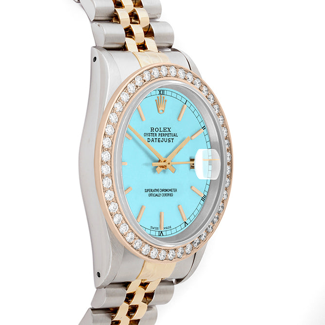 Rolex Datejust 36mm TWO TONE 16233 Tiffany Blue Dial | Stick Hour Markers | 2ct Diamond Bezel