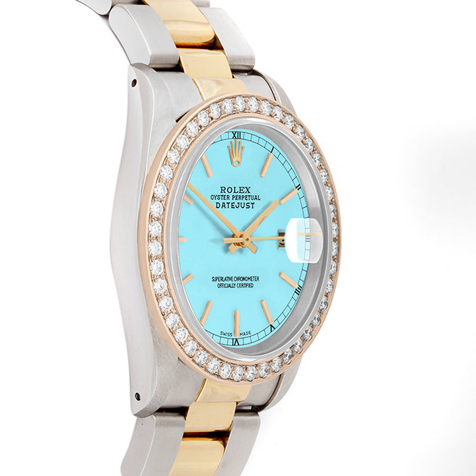 Rolex Datejust 36mm TWO TONE 16233 Tiffany Blue Dial | Stick Hour Markers | 2ct Diamond Bezel