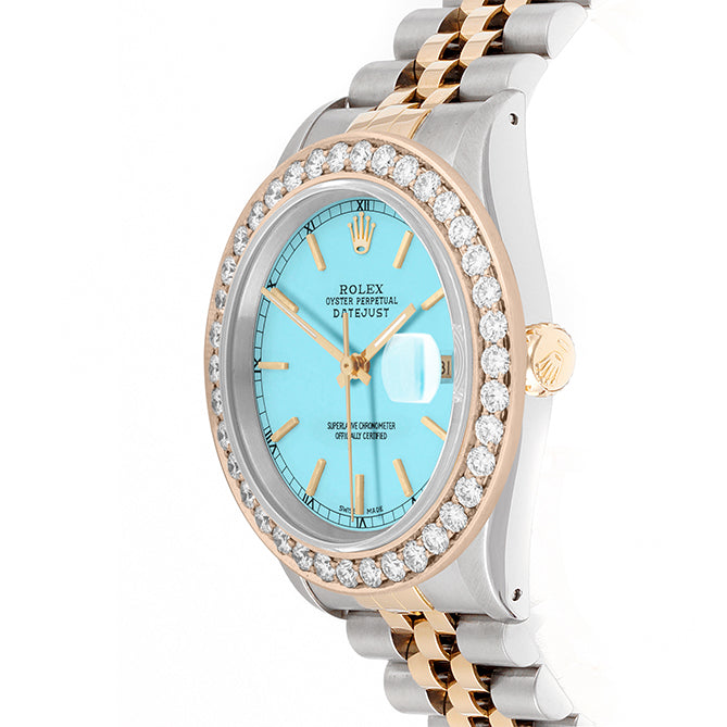 Rolex Datejust 36mm TWO TONE 16233 Tiffany Blue Dial | Stick Hour Markers | 2.5ct Diamond Bezel