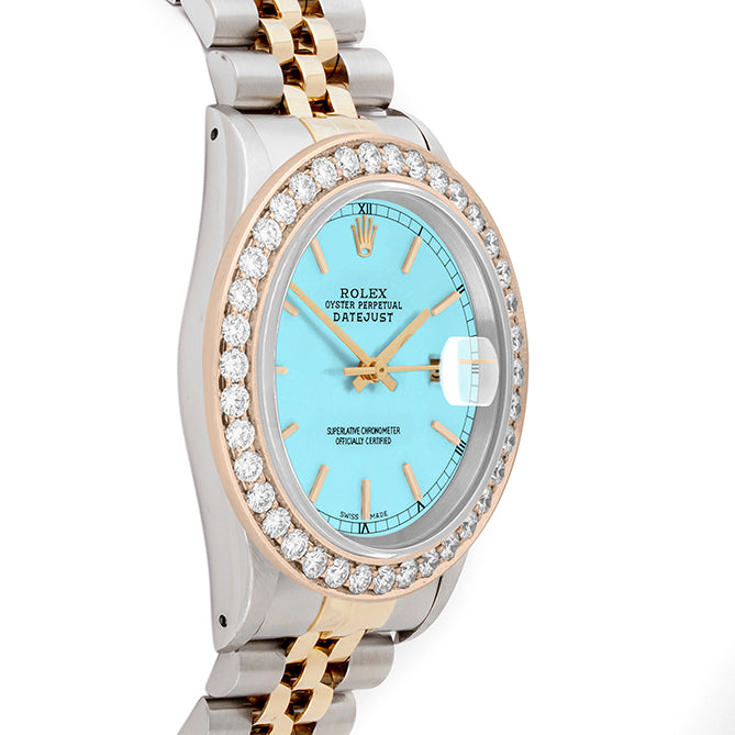 Rolex Datejust 36mm TWO TONE 16233 Tiffany Blue Dial | Stick Hour Markers | 2.5ct Diamond Bezel